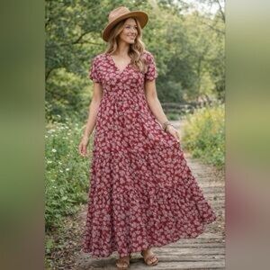 Natural Life Lucia Floral Red Maxi Dress (Size L)